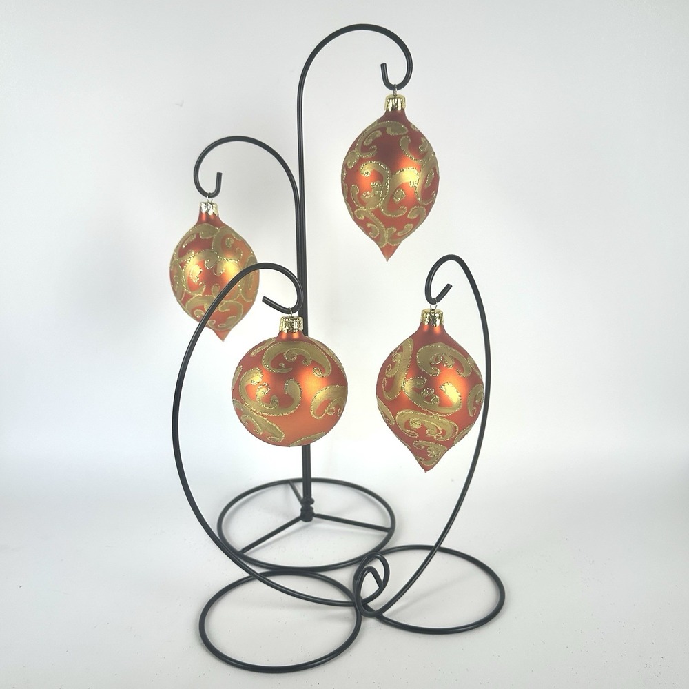 Gold Glitter And Red Orange Ornaments Set Of Teardrop/Onion Shapes Glass